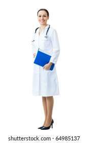 Full Body Portrait Of Female Doctor Or Nurse With Blue Folder, Isolated On White Background