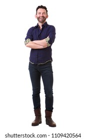 Full Body Portrait Of Handsome Man With Beard Posing Against Isolated White Background