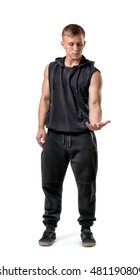 Full Body Portrait Of Handsome Muscled Young Man Holding Something In Hand In Front Of Him, Isolated On White Background. Self Improvement. Healthy Lifestyle. Fitness, Sport, Bodybuilding, Workout