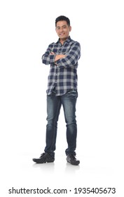 Full Body Portrait Of Handsome Young Man In Plaid Shirt With Crossed Arms
 Isolated On White Background

