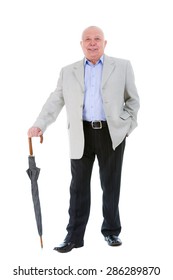 Full Body Portrait Of Happy And Smile Senior Old Business Man With Umbrella, Dressed In Suit And Blue Shirt, Isolated On White Background. Human Emotions And Facial Expressions