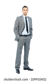 Full Body Portrait Of Happy Smiling Business Man, Isolated On White Background