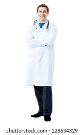 Full Body Portrait Of Happy Smiling Doctor, Isolated On White Background