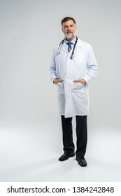 Full Body Portrait Of Happy Smiling Doctor, Isolated On White Background