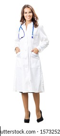 Full Body Portrait Of Happy Smiling Young Female Doctor, Isolated Over White Background