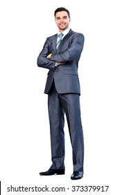 Full Body Portrait Of Happy Smiling Business Man, Isolated On White Background