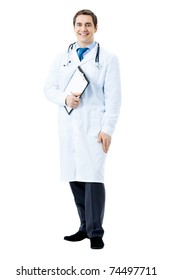 Full Body Portrait Of Happy Smiling Doctor, Isolated On White Background