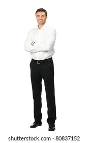 Full Body Portrait Of Happy Smiling Business Man, Isolated On White Background