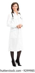 Full Body Portrait Of Happy Smiling Young Female Doctor, Isolated Over White Background