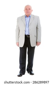 Full Body Portrait Of Happy And Successful Senior Old Business Man, Dressed In Suit And Blue Shirt, Isolated On White Background. Human Emotions And Facial Expressions.