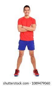 Full Body Portrait Of Healthy Mature Asian Man In Sportswear Standing On White Background