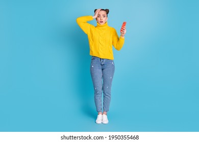 Full Body Portrait Of Impressed Person Hand On Head Open Mouth Bad Fake News Isolated On Blue Color Background