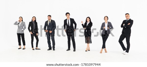 Full body\
portrait of many business people on white background wearing formal\
business suit in studio collection\
.
