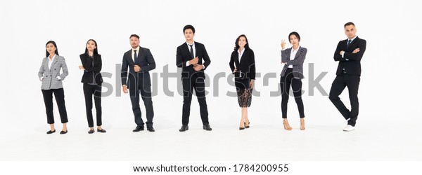 Full body\
portrait of many business people on white background wearing formal\
business suit in studio collection\
.