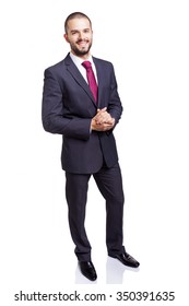 Full Body Portrait Of Smiling Business Man, Isolated On White Background