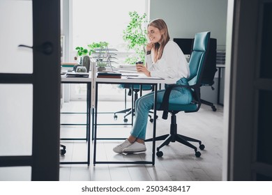 Full body portrait of successful young pretty lady sit chair coffee laptop wear shirt office business center indoors - Powered by Shutterstock