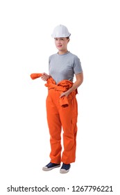Full Body Portrait Of A Woman Worker In Mechanic Jumpsuit With Helmet Isolated On White Background Clipping Path