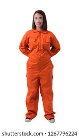 Full Body Portrait Of A Woman Worker In Mechanic Jumpsuit Isolated On White Background With Clipping Path