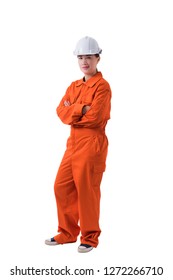Full Body Portrait Of A Woman Worker In Mechanic Jumpsuit With Helmet Isolated On White Background Clipping Path