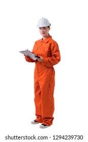 Full Body Portrait Of A Woman Worker In Mechanic Jumpsuit With Helmet Is Holding Clipboard, Pen And Checklist Isolated On White Background Clipping Path