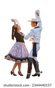 retrato de cuerpo completo joven pareja latinoamericana bailarina cueca danza tradicional con vestido huaso aislado
