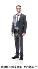 Full Body Portrait Of Young Business Man Isolated On White