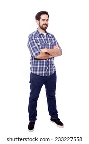 Full Body Portrait Of Young Casual Man Smiling, Isolated On White Background