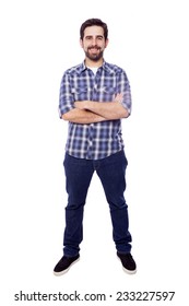 Full Body Portrait Of Young Casual Man Smiling, Isolated On White Background