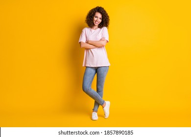 Full Body Portrait Of Young Confident Happy Smile Woman Crossed Hands Isolated Over Yellow Color Background