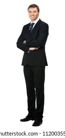 Full Body Portrait Of Young Happy Smiling Cheerful Business Man, Over White Background