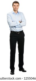 Full Body Portrait Of Young Happy Smiling Cheerful Business Man, Over White Background