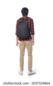 Full Body Portrait Of Young Man Wearing Plaid With Jeans With Backpack Isolated On White Background ,back View 

