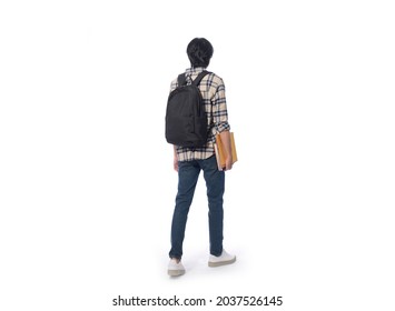 Full Body Portrait Of Young Man Wearing Plaid With Jeans With Backpack And Notebooks Isolated On White Background,back View 