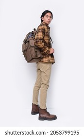 Full Body Portrait Of Young Man Wearing Plaid With Khaki Pants  With Backpack Isolated On White Background ,