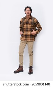 Full Body Portrait Of Young Man Wearing Plaid With Khaki Pants  With Backpack Isolated On White Background , 

