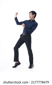 Full Body Portrait Of Young Man In Blue Shirt With Winnger Gesture   Standing Posing White Background