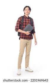 Full Body Portrait Of Young Man With Khaki Pants With Backpack Holding  Digital Tablet Isolated On White Background