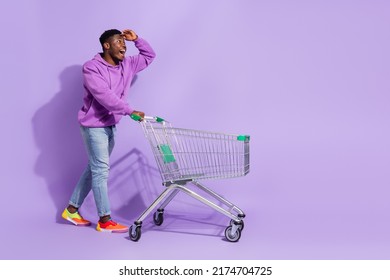 Full Body Profile Photo Of Excited Astonished Man Hand Forehead Look Empty Space Isolated On Purple Color Background