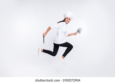 Full Body Profile Portrait Of Active Person Rush Fast Hold Knives Look Camera Isolated On White Color Background