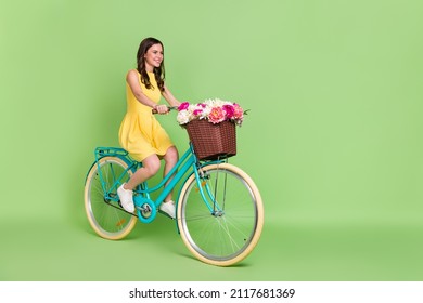 Full Body Profile Portrait Of Gorgeous Cheerful Person Riding Bike Look Empty Space Isolated On Green Color Background