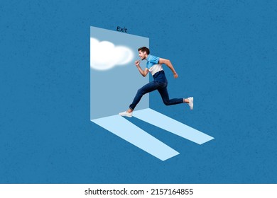 Full body profile side collage photo of energetic man pursue dreams enter new stage of life isolated on blue color background