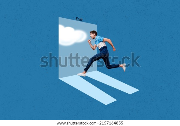 Full body profile side collage photo of\
energetic man pursue dreams enter new stage of life isolated on\
blue color background