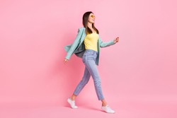 Full Body Profile Side Photo Charming Happy Young Woman Walk Empty Space Wear Glasses Isolated On Pink Color Background