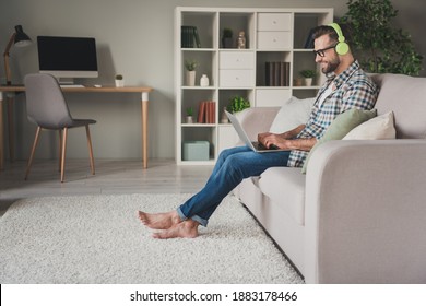 Full body profile side photo of young cheerful man happy positive smile remote work videocall laptop sit couch home