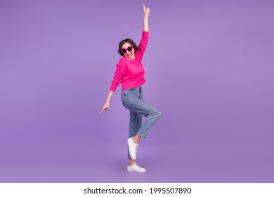 Full Body Profile Side Photo Of Elderly Woman Happy Positive Smile Have Fun Excited Isolated Over Purple Color Background