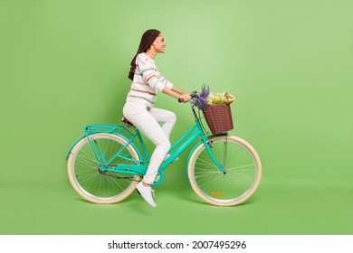 Full body profile side photo of young afro girl happy positive smile ride cycle travel isolated over green color background