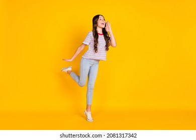 Full Body Profile Side Photo Of Young Girl Look Empty Space Shout Yell Announcement News Isolated Over Yellow Color Background