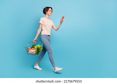 Full body profile side photo of lovely wife buy groceries check her online shopping list isolated on blue color background - Shutterstock ID 2170679553