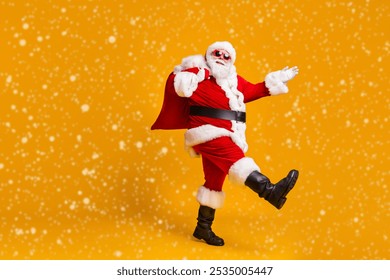 Full body profile side photo of santa claus with big belly beard carry x-mas present gift sack go wear headwear cap sunglass isolated over bright shine color background - Powered by Shutterstock