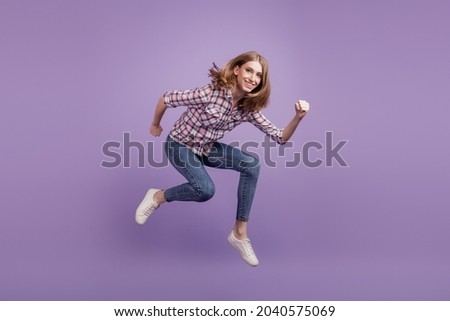 Full body profile side photo of young girl jump up running sale discount isolated violet color background